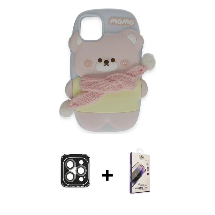 MARSİLYAN™- iPhone 15 Pro Max Kılıf Akış Yansıma - Siyah Bilvis 3D Mat Cam Ekran Koruyucu + PVD Metal Kamera Lens - GI