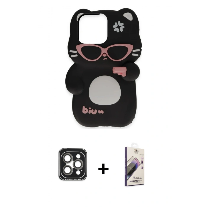 MARSİLYAN™- iPhone 15 Pro Max Kılıf Akış Yansıma - Siyah Bilvis 3D Mat Cam Ekran Koruyucu + PVD Metal Kamera Lens - GI