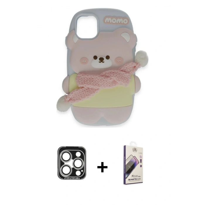 MARSİLYAN™- iPhone 15 Pro Max Kılıf Akış Yansıma - Siyah Bilvis 3D Mat Cam Ekran Koruyucu + PVD Metal Kamera Lens - GS