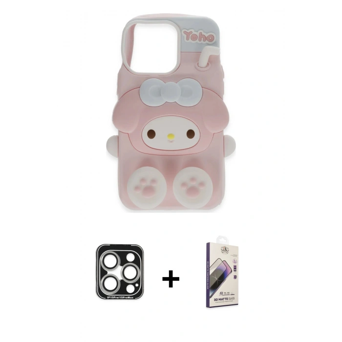 MARSİLYAN™- iPhone 15 Pro Max Kılıf Akış Yansıma - Siyah Bilvis 3D Mat Cam Ekran Koruyucu + PVD Metal Kamera Lens - GS