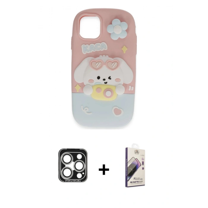 MARSİLYAN™- iPhone 15 Pro Max Kılıf Akış Yansıma - Siyah Bilvis 3D Mat Cam Ekran Koruyucu + PVD Metal Kamera Lens - GS