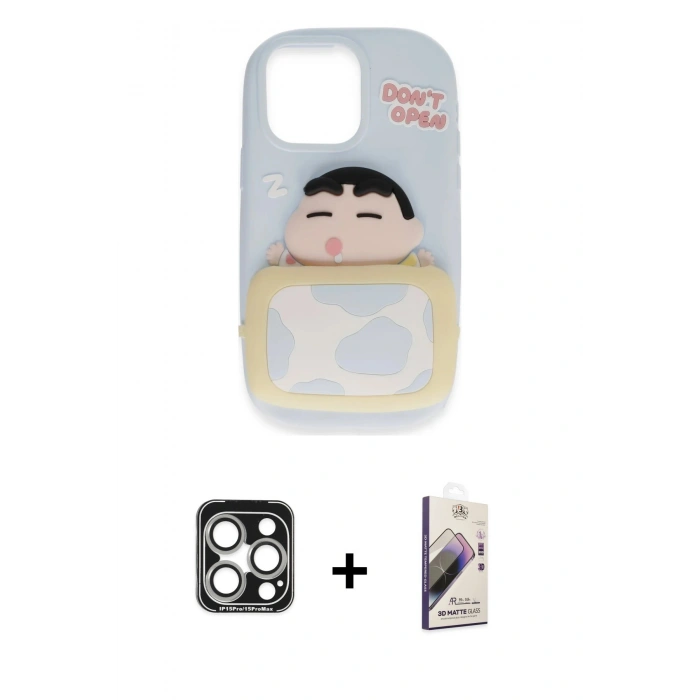 MARSİLYAN™- iPhone 15 Pro Max Kılıf Akış Yansıma - Siyah Bilvis 3D Mat Cam Ekran Koruyucu + PVD Metal Kamera Lens - GS