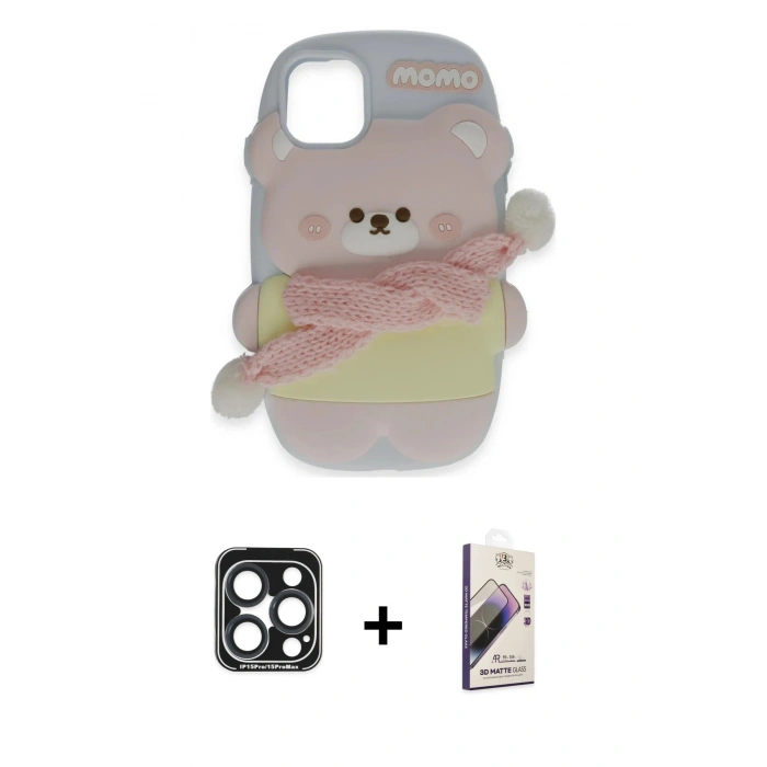 MARSİLYAN™- iPhone 15 Pro Max Kılıf Akış Yansıma - Siyah Bilvis 3D Mat Cam Ekran Koruyucu + PVD Metal Kamera Lens - LT