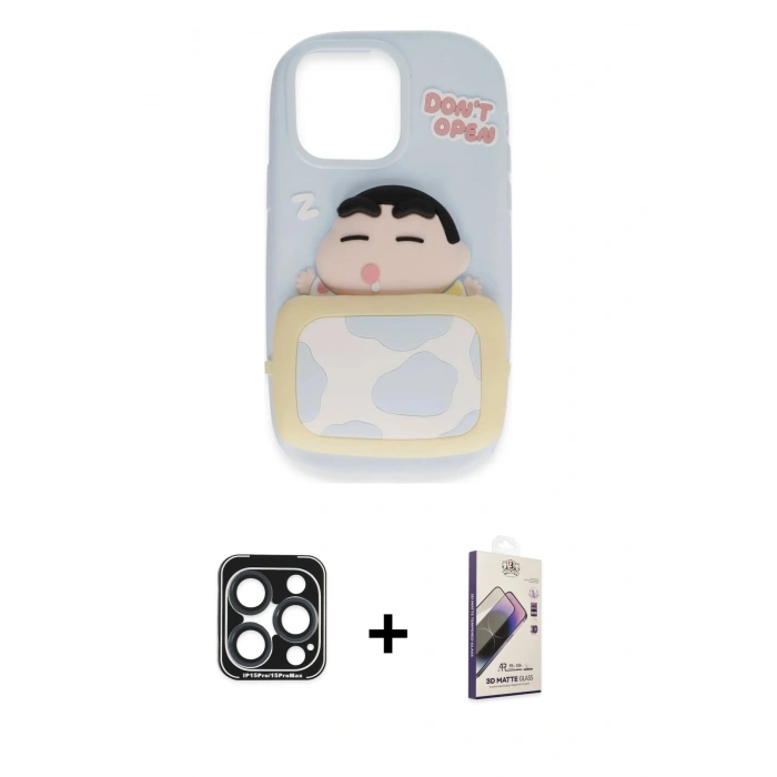 MARSİLYAN™- iPhone 15 Pro Max Kılıf Akış Yansıma - Siyah Bilvis 3D Mat Cam Ekran Koruyucu + PVD Metal Kamera Lens - LT