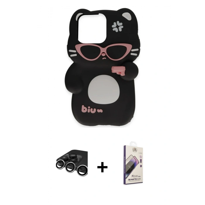 MARSİLYAN™- iPhone 15 Pro Max Kılıf Akış Yansıma - Siyah Bilvis 3D Mat Cam Ekran Koruyucu + Raze Metal Kamera Lens - GS