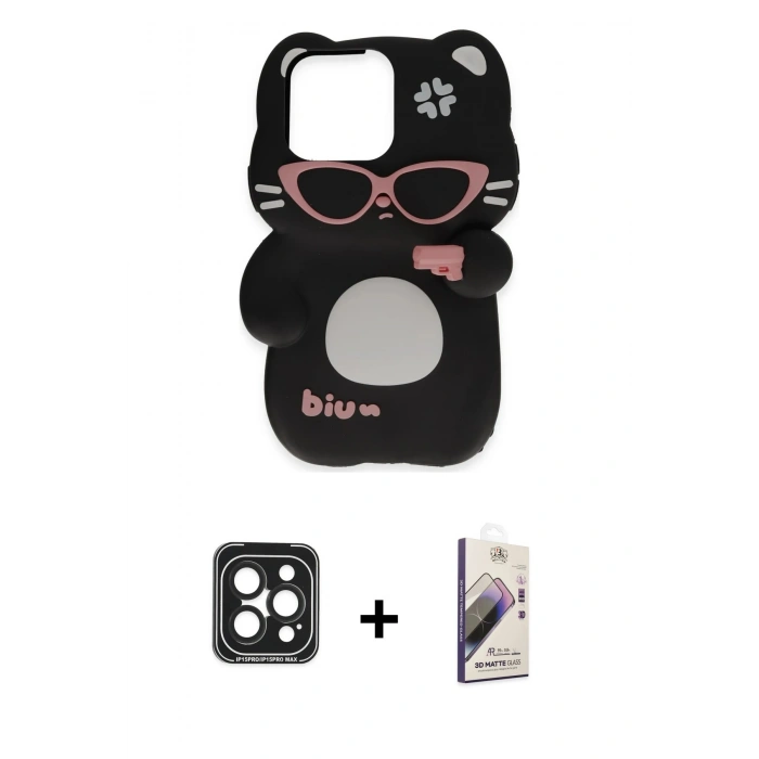 MARSİLYAN™- iPhone 15 Pro Max Kılıf Akış Yansıma - Siyah Bilvis 3D Mat Cam Ekran Koruyucu + Siyah PVD Metal Kamera Lens