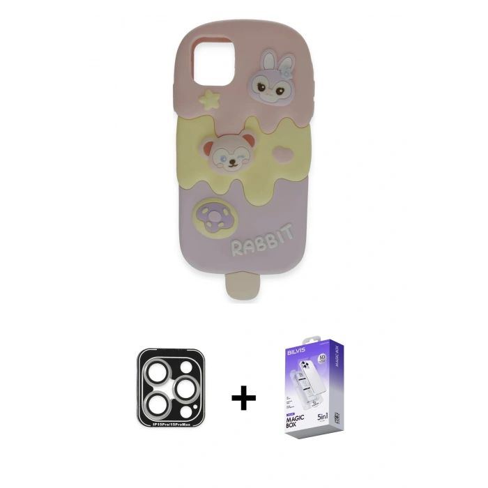 MARSİLYAN™- iPhone 15 Pro Max Kılıf Akış Yansıma - Siyah Bilvis 5in1 3D Magic Cam Ekran Koruyucu + PVD Metal Kamera Lens - GS