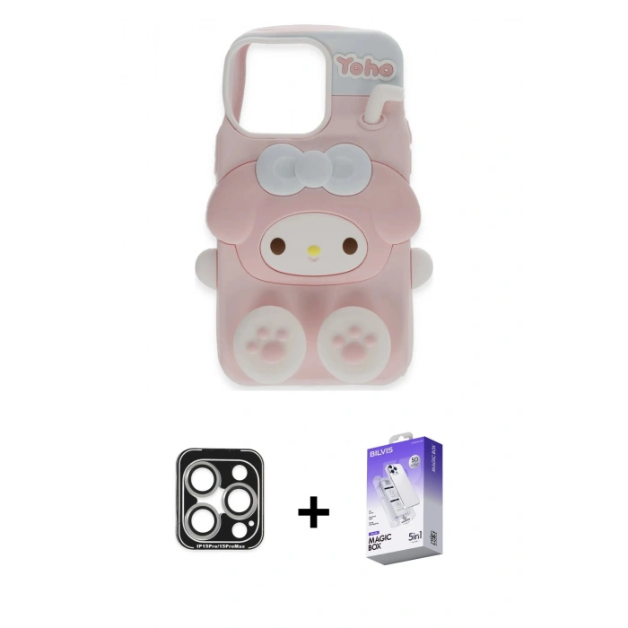MARSİLYAN™- iPhone 15 Pro Max Kılıf Akış Yansıma - Siyah Bilvis 5in1 3D Magic Cam Ekran Koruyucu + PVD Metal Kamera Lens - GS