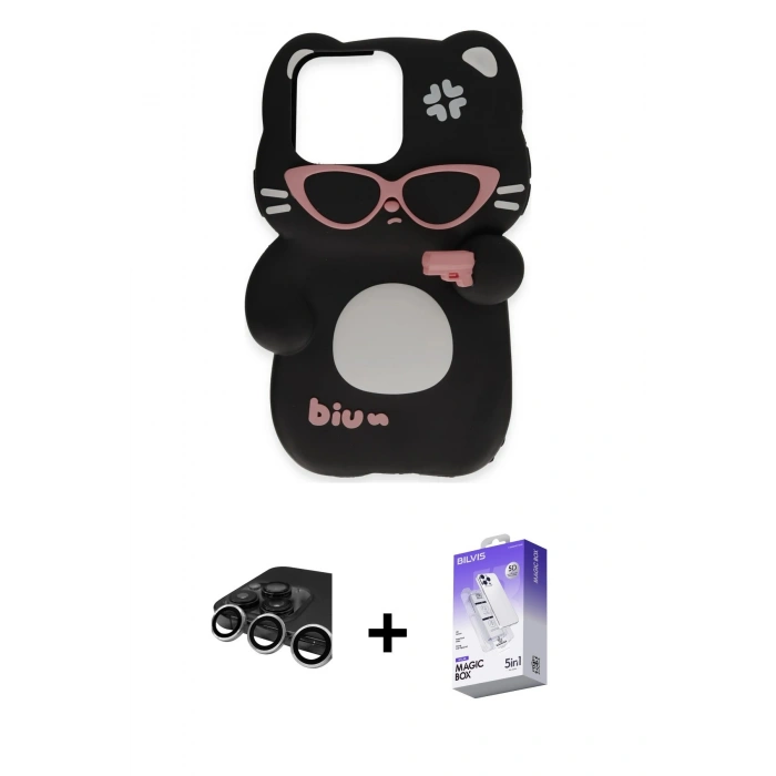 MARSİLYAN™- iPhone 15 Pro Max Kılıf Akış Yansıma - Siyah Bilvis 5in1 3D Magic Cam Ekran Koruyucu + Gümüş Raze Metal Kamera Lens