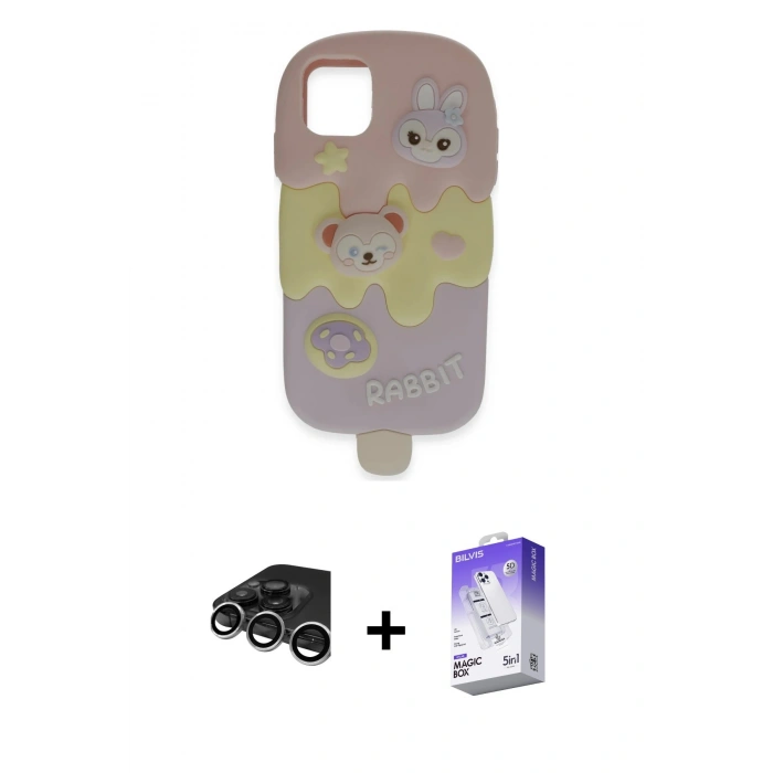 MARSİLYAN™- iPhone 15 Pro Max Kılıf Akış Yansıma - Siyah Bilvis 5in1 3D Magic Cam Ekran Koruyucu + Gümüş Raze Metal Kamera Lens