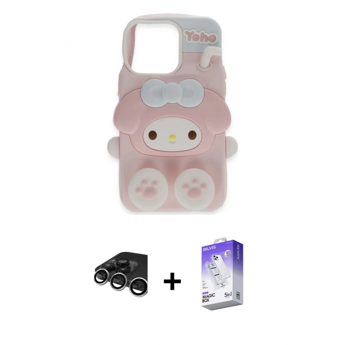MARSİLYAN™- iPhone 15 Pro Max Kılıf Akış Yansıma - Siyah Bilvis 5in1 3D Magic Cam Ekran Koruyucu + Gümüş Raze Metal Kamera Lens