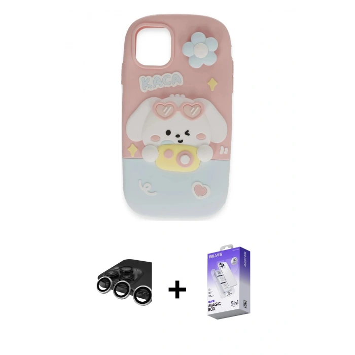 MARSİLYAN™- iPhone 15 Pro Max Kılıf Akış Yansıma - Siyah Bilvis 5in1 3D Magic Cam Ekran Koruyucu + Gümüş Raze Metal Kamera Lens