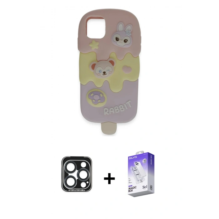 MARSİLYAN™- iPhone 15 Pro Max Kılıf Akış Yansıma - Siyah Bilvis 5in1 3D Magic Cam Ekran Koruyucu + Lacivert PVD Metal Kamera Lens