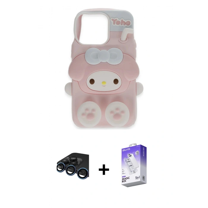 MARSİLYAN™- iPhone 15 Pro Max Kılıf Akış Yansıma - Siyah Bilvis 5in1 3D Magic Cam Ekran Koruyucu + Raze Metal Kamera Lens - LT