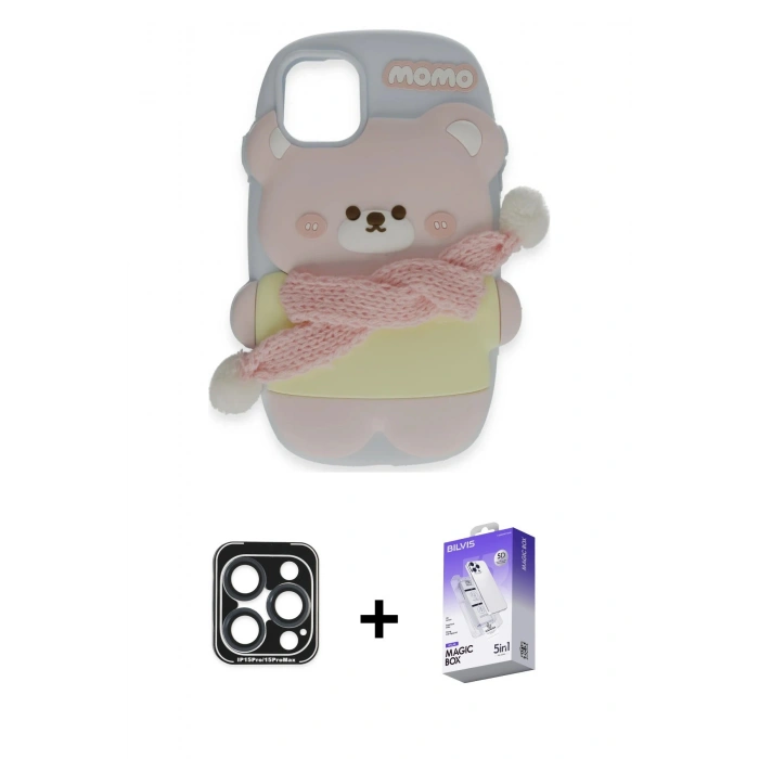 MARSİLYAN™- iPhone 15 Pro Max Kılıf Akış Yansıma - Siyah Bilvis 5in1 3D Magic Cam Ekran Koruyucu + Lacivert PVD Metal Kamera Lens
