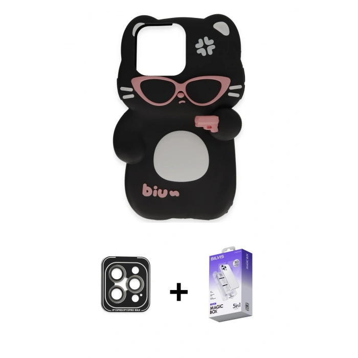 MARSİLYAN™- iPhone 15 Pro Max Kılıf Akış Yansıma - Siyah Bilvis 5in1 3D Magic Cam Ekran Koruyucu + PVD Metal Kamera Lens - GI