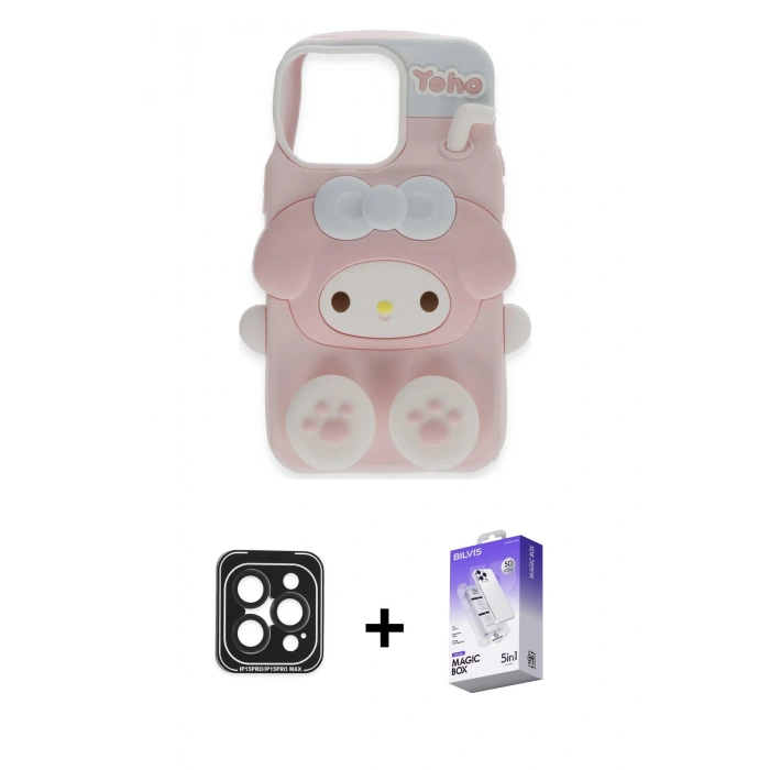 MARSİLYAN™- iPhone 15 Pro Max Kılıf Akış Yansıma - Siyah Bilvis 5in1 3D Magic Cam Ekran Koruyucu + PVD Metal Kamera Lens - SH