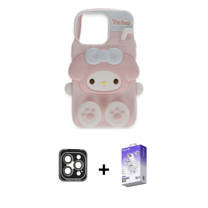 MARSİLYAN™- iPhone 15 Pro Max Kılıf Akış Yansıma - Siyah Bilvis 5in1 3D Magic Cam Ekran Koruyucu + PVD Metal Kamera Lens - GI