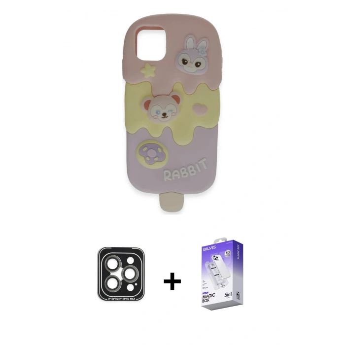 MARSİLYAN™- iPhone 15 Pro Max Kılıf Akış Yansıma - Siyah Bilvis 5in1 3D Magic Cam Ekran Koruyucu + PVD Metal Kamera Lens - GI