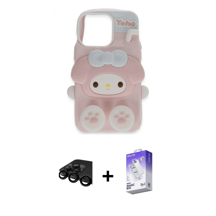 MARSİLYAN™- iPhone 15 Pro Max Kılıf Akış Yansıma - Siyah Bilvis 5in1 3D Magic Cam Ekran Koruyucu + Siyah Raze Metal Kamera Lens