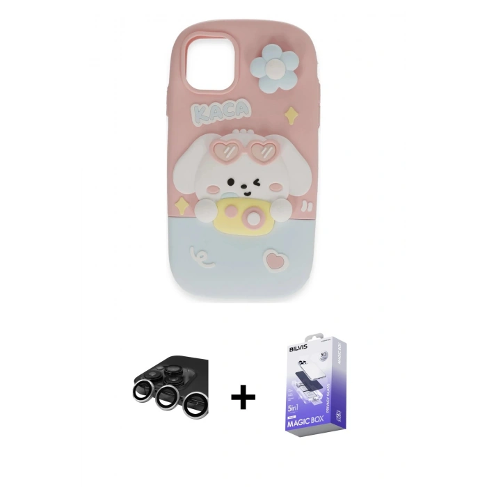 MARSİLYAN™- iPhone 15 Pro Max Kılıf Akış Yansıma - Siyah Bilvis 5in1 5D Magic Hayalet Cam Ekran Koruyucu + Raze Metal Kamera Lens - GS