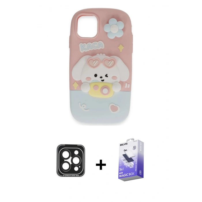 MARSİLYAN™- iPhone 15 Pro Max Kılıf Akış Yansıma - Siyah Bilvis 5in1 5D Magic Hayalet Cam Ekran Koruyucu + PVD Metal Kamera Lens - SH