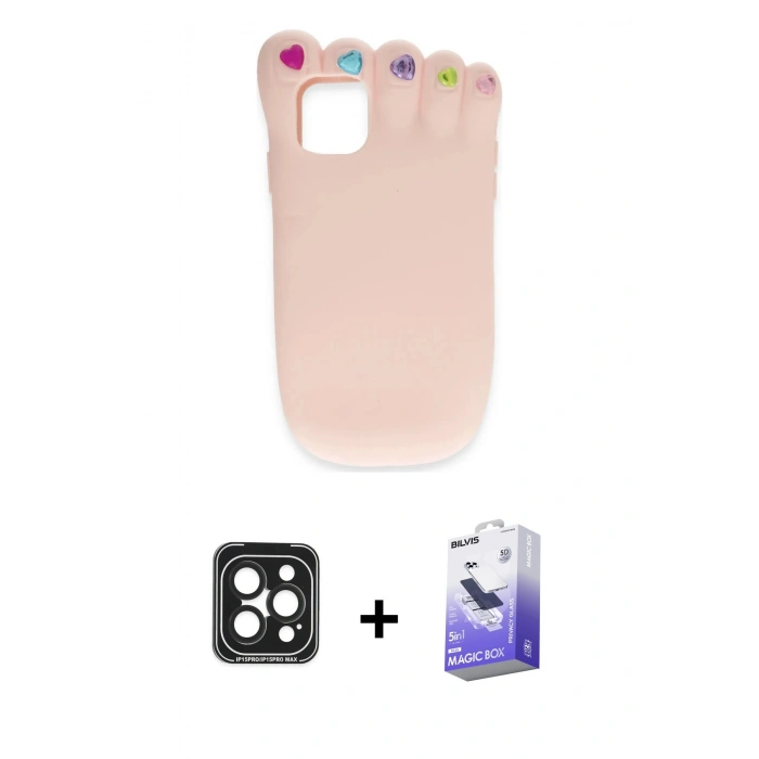 MARSİLYAN™- iPhone 15 Pro Max Kılıf Akış Yansıma - Siyah Bilvis 5in1 5D Magic Hayalet Cam Ekran Koruyucu + PVD Metal Kamera Lens - SH