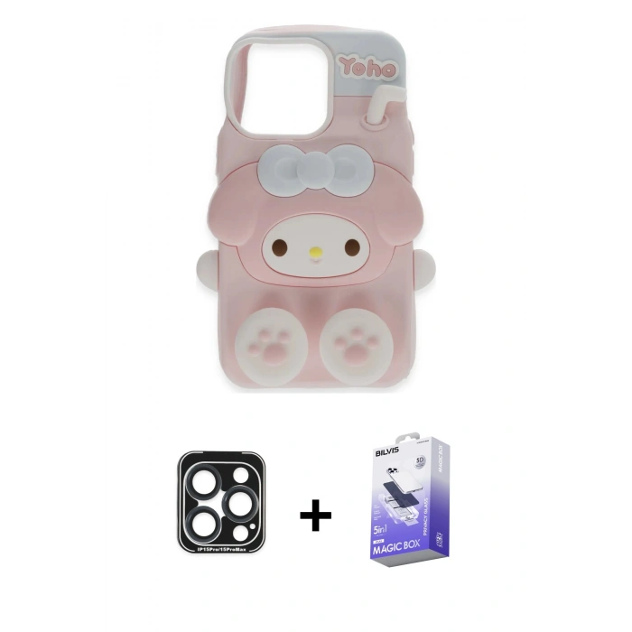 MARSİLYAN™- iPhone 15 Pro Max Kılıf Akış Yansıma - Siyah Bilvis 5in1 5D Magic Hayalet Cam Ekran Koruyucu + PVD Metal Kamera Lens - LT