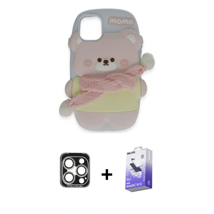 MARSİLYAN™- iPhone 15 Pro Max Kılıf Akış Yansıma - Siyah Bilvis 5in1 5D Magic Hayalet Cam Ekran Koruyucu + PVD Metal Kamera Lens - GS