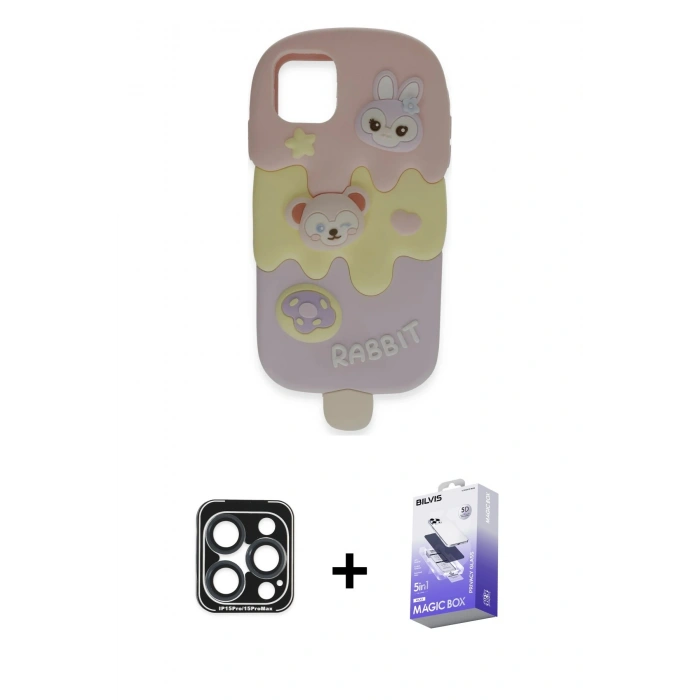 MARSİLYAN™- iPhone 15 Pro Max Kılıf Akış Yansıma - Siyah Bilvis 5in1 5D Magic Hayalet Cam Ekran Koruyucu + PVD Metal Kamera Lens - LT