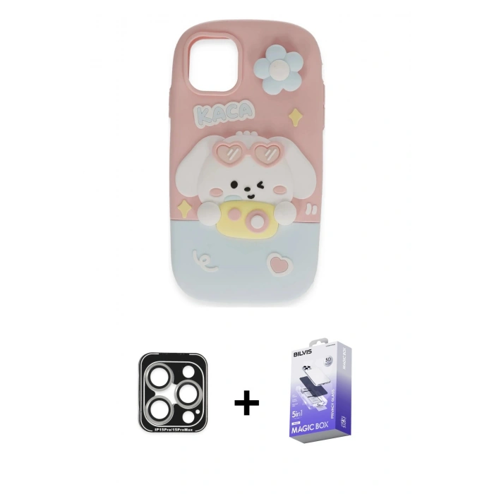 MARSİLYAN™- iPhone 15 Pro Max Kılıf Akış Yansıma - Siyah Bilvis 5in1 5D Magic Hayalet Cam Ekran Koruyucu + PVD Metal Kamera Lens - GS