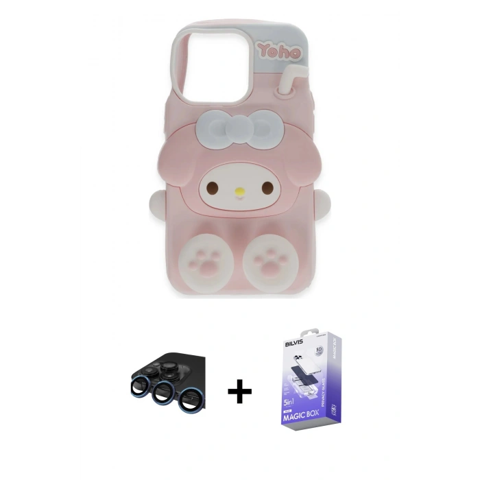 MARSİLYAN™- iPhone 15 Pro Max Kılıf Akış Yansıma - Siyah Bilvis 5in1 5D Magic Hayalet Cam Ekran Koruyucu + Raze Metal Kamera Lens - LT