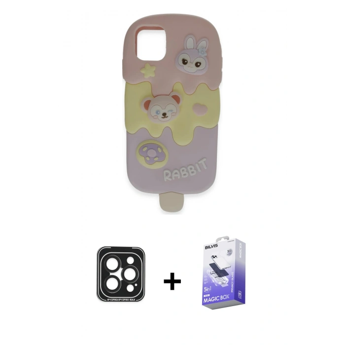 MARSİLYAN™- iPhone 15 Pro Max Kılıf Akış Yansıma - Siyah Bilvis 5in1 5D Magic Hayalet Cam Ekran Koruyucu + PVD Metal Kamera Lens - SH