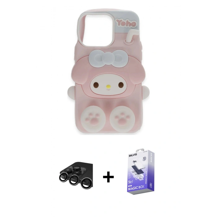 MARSİLYAN™- iPhone 15 Pro Max Kılıf Akış Yansıma - Siyah Bilvis 5in1 5D Magic Hayalet Cam Ekran Koruyucu + Raze Metal Kamera Lens - TMGI