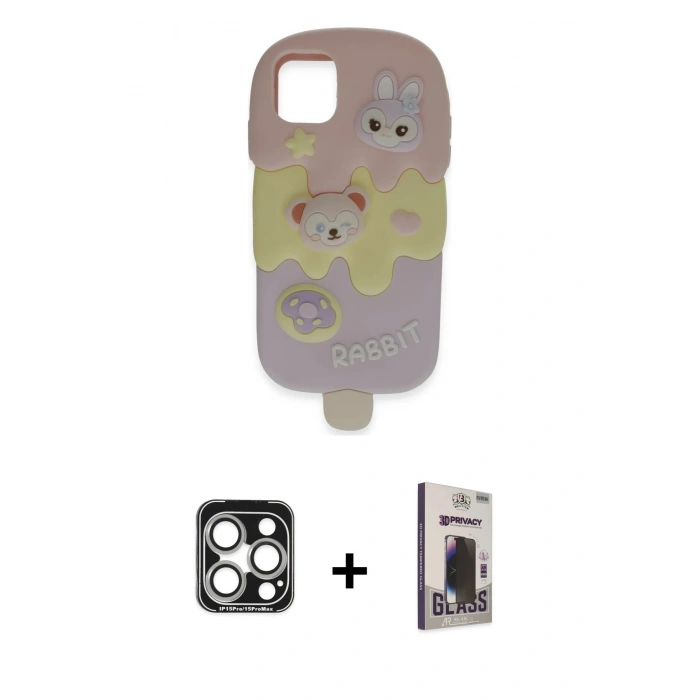 MARSİLYAN™- iPhone 15 Pro Max Kılıf Akış Yansıma - Siyah Bilvis Hayalet Cam Ekran Koruyucu + PVD Metal Kamera Lens - GS