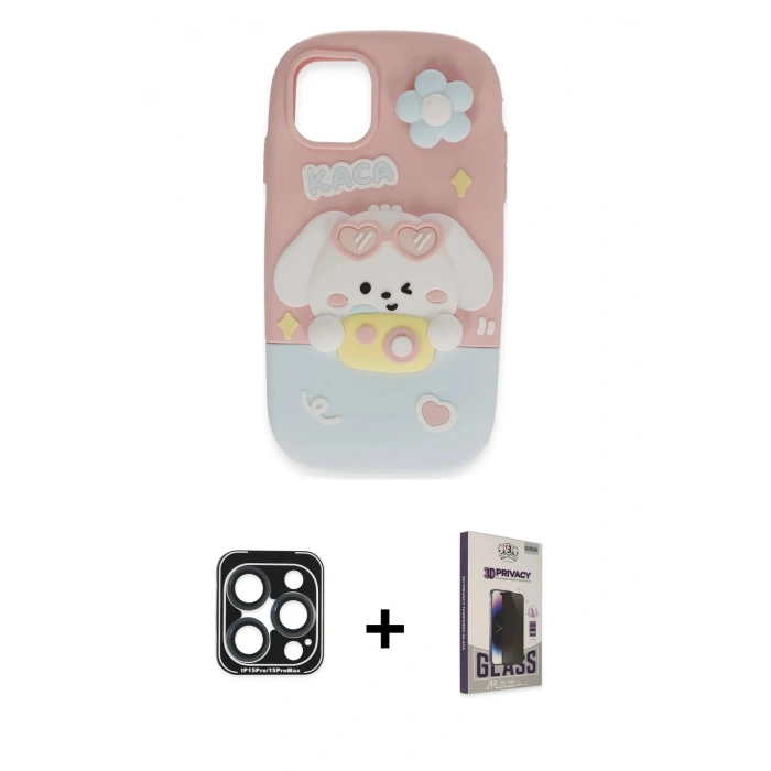MARSİLYAN™- iPhone 15 Pro Max Kılıf Akış Yansıma - Siyah Bilvis Hayalet Cam Ekran Koruyucu + PVD Metal Kamera Lens - LT