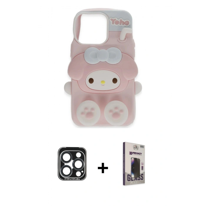 MARSİLYAN™- iPhone 15 Pro Max Kılıf Akış Yansıma - Siyah Bilvis Hayalet Cam Ekran Koruyucu + PVD Metal Kamera Lens - LT