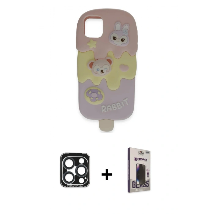 MARSİLYAN™- iPhone 15 Pro Max Kılıf Akış Yansıma - Siyah Bilvis Hayalet Cam Ekran Koruyucu + PVD Metal Kamera Lens - LT