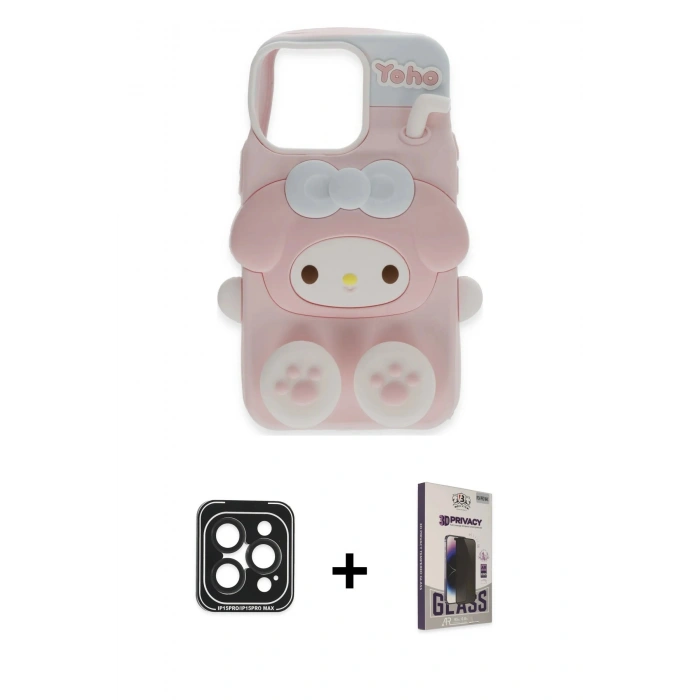 MARSİLYAN™- iPhone 15 Pro Max Kılıf Akış Yansıma - Siyah Bilvis Hayalet Cam Ekran Koruyucu + PVD Metal Kamera Lens - SH