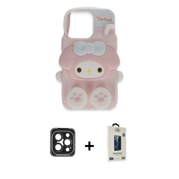 MARSİLYAN™- iPhone 15 Pro Max Kılıf Akış Yansıma - Siyah Bilvis Hayalet Cam Ekran Koruyucu + PVD Metal Kamera Lens - SH