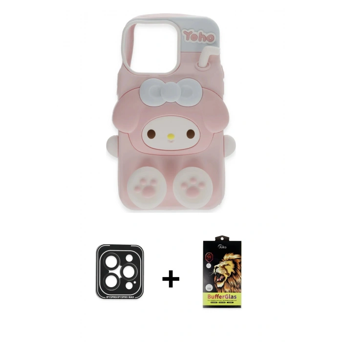 MARSİLYAN™- iPhone 15 Pro Max Kılıf Akış Yansıma - Siyah Buffer Cam Ekran Koruyucu + PVD Metal Kamera Lens - SH