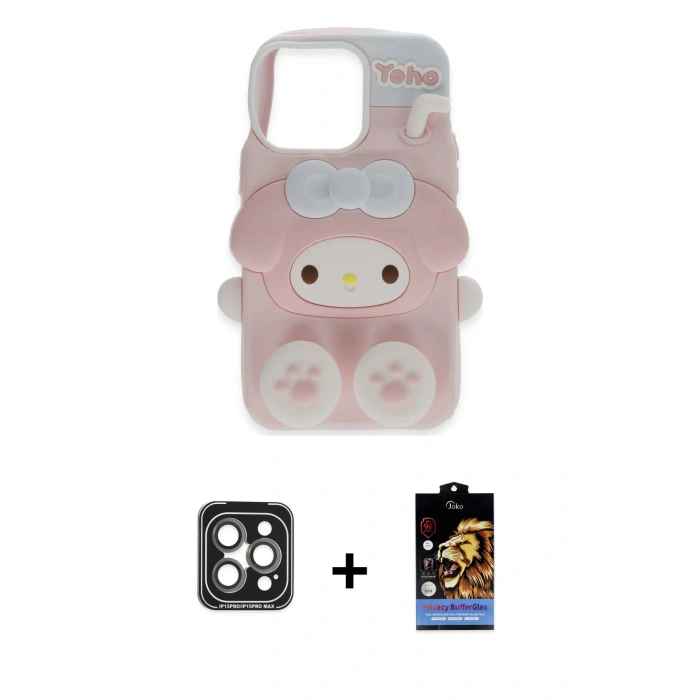 MARSİLYAN™- iPhone 15 Pro Max Kılıf Akış Yansıma - Siyah Buffer Hayalet Cam Ekran Koruyucu + Gri PVD Metal Kamera Lens