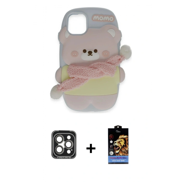 MARSİLYAN™- iPhone 15 Pro Max Kılıf Akış Yansıma - Siyah Buffer Hayalet Cam Ekran Koruyucu + Gri PVD Metal Kamera Lens