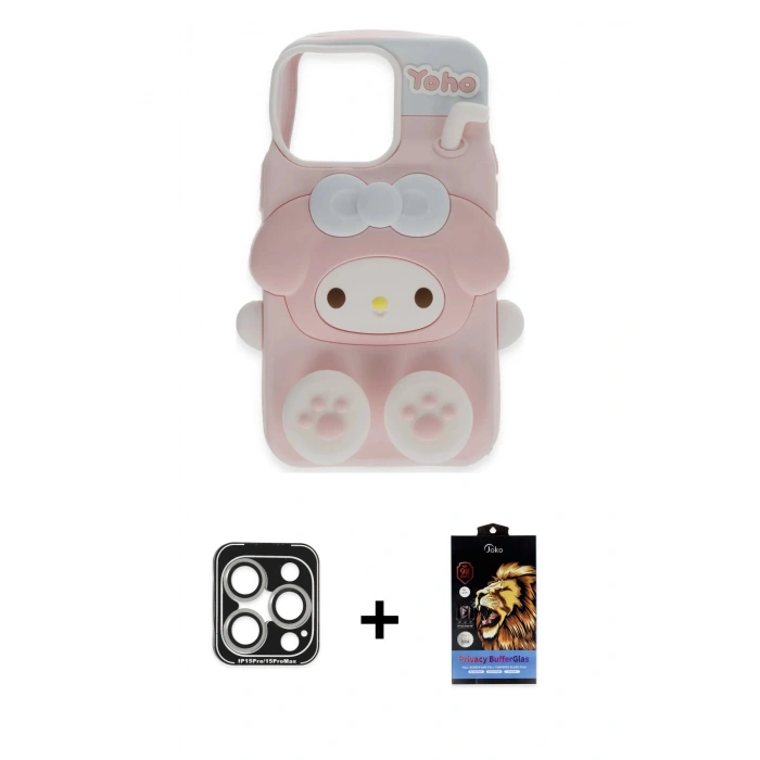 MARSİLYAN™- iPhone 15 Pro Max Kılıf Akış Yansıma - Siyah Buffer Hayalet Cam Ekran Koruyucu + PVD Metal Kamera Lens - GS