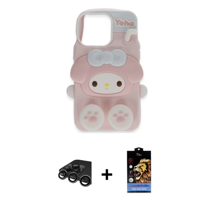 MARSİLYAN™- iPhone 15 Pro Max Kılıf Akış Yansıma - Siyah Buffer Hayalet Cam Ekran Koruyucu + Raze Metal Kamera Lens - TMGI
