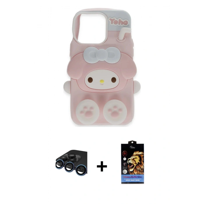 MARSİLYAN™- iPhone 15 Pro Max Kılıf Akış Yansıma - Siyah Buffer Hayalet Cam Ekran Koruyucu + Raze Metal Kamera Lens - LT