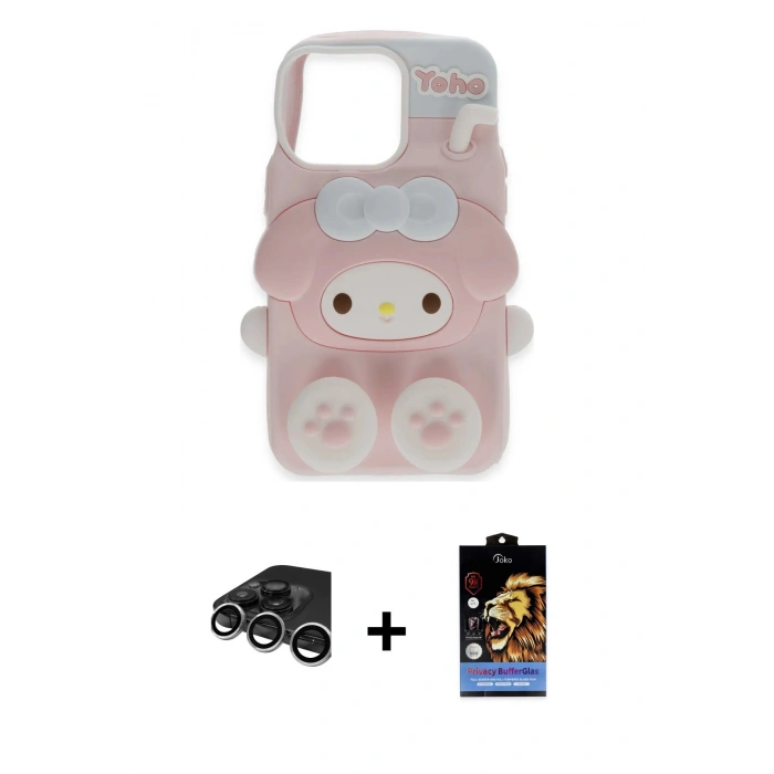 MARSİLYAN™- iPhone 15 Pro Max Kılıf Akış Yansıma - Siyah Buffer Hayalet Cam Ekran Koruyucu + Raze Metal Kamera Lens - GS