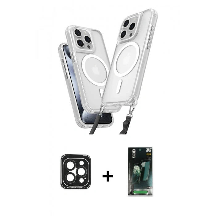 MARSİLYAN™- iPhone 15 Pro Max Kılıf Atlas Doku Koleksiyonu - Şeffaf 360 Full Body Arka Koruyucu + PVD Metal Kamera Lens - SH