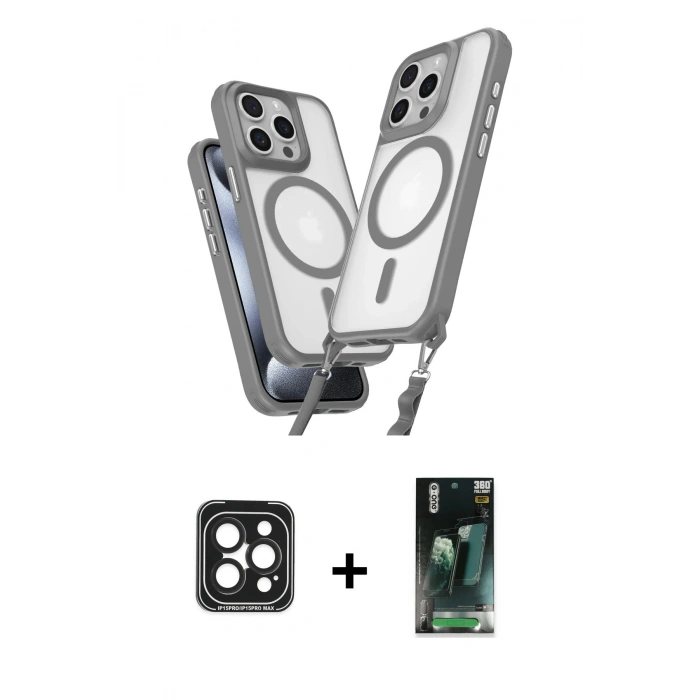 MARSİLYAN™- iPhone 15 Pro Max Kılıf Atlas Doku Koleksiyonu - Şeffaf 360 Full Body Arka Koruyucu + PVD Metal Kamera Lens - SH