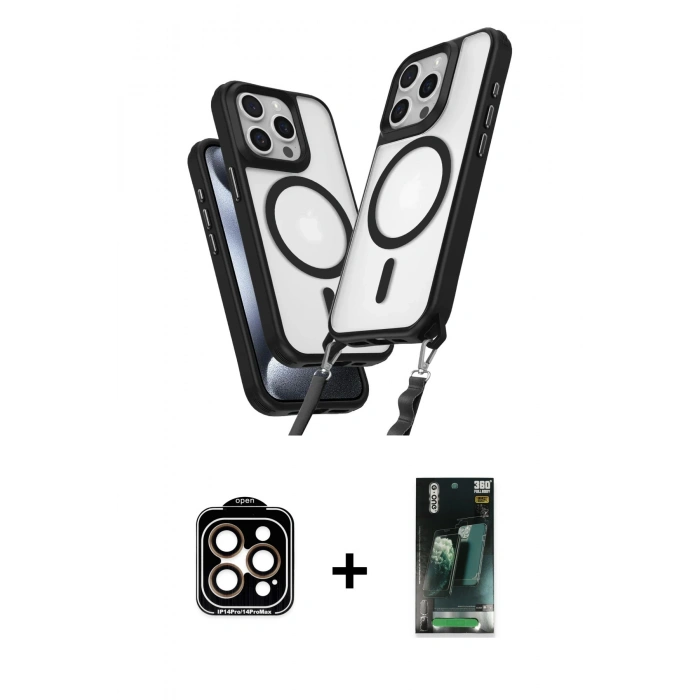 MARSİLYAN™- iPhone 15 Pro Max Kılıf Atlas Doku Koleksiyonu - Şeffaf 360 Full Body Arka Koruyucu + PVD Metal Kamera Lens - TU